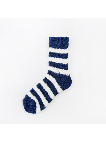 Navy and white striped fuzzy crew sock