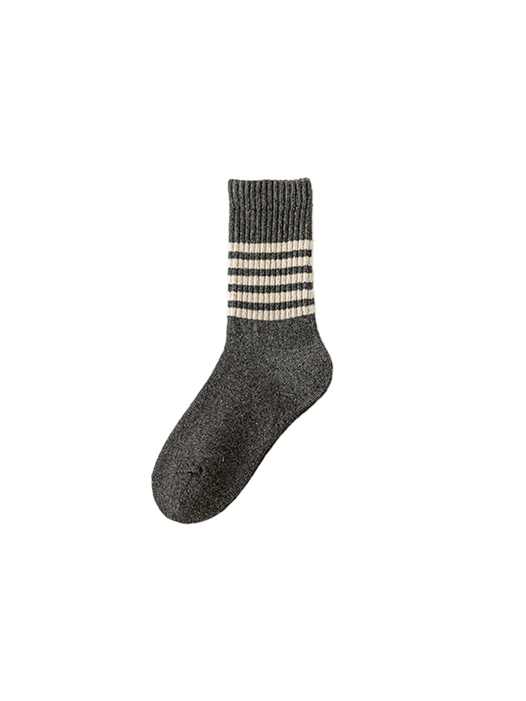 Light gray crew sock with cream stripes and a ribbed cuff
