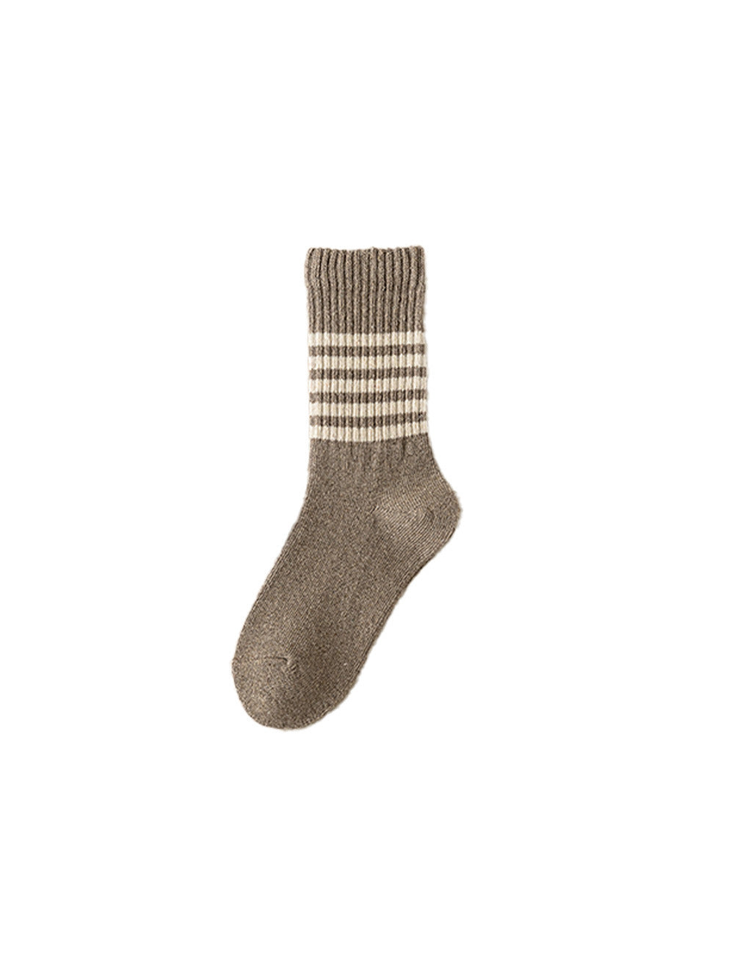 Khaki crew sock with cream stripes and a ribbed cuff