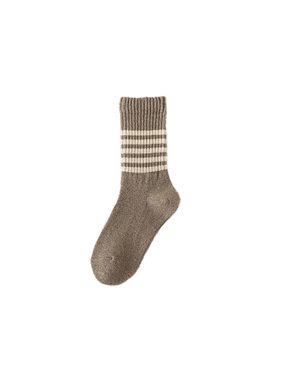 Khaki crew sock with cream stripes and a ribbed cuff
