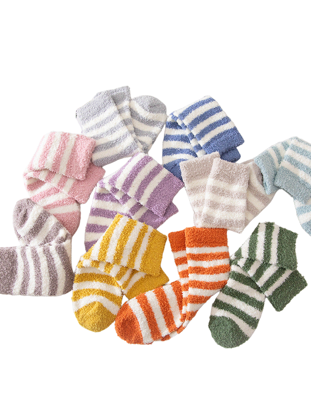 Assorted fuzzy striped socks arranged together