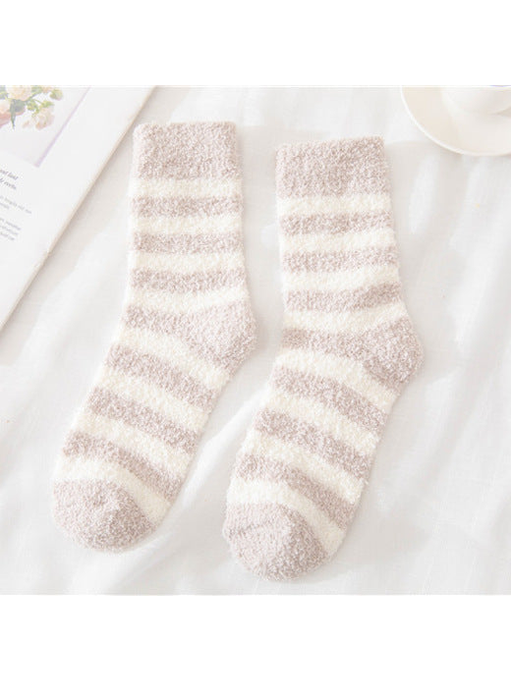 Greige fuzzy socks with cream stripes