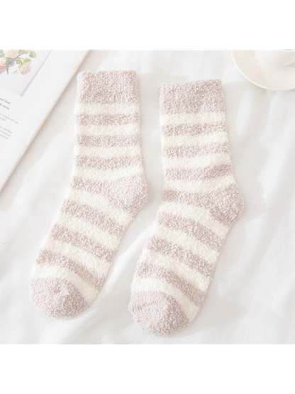 Greige fuzzy socks with cream stripes
