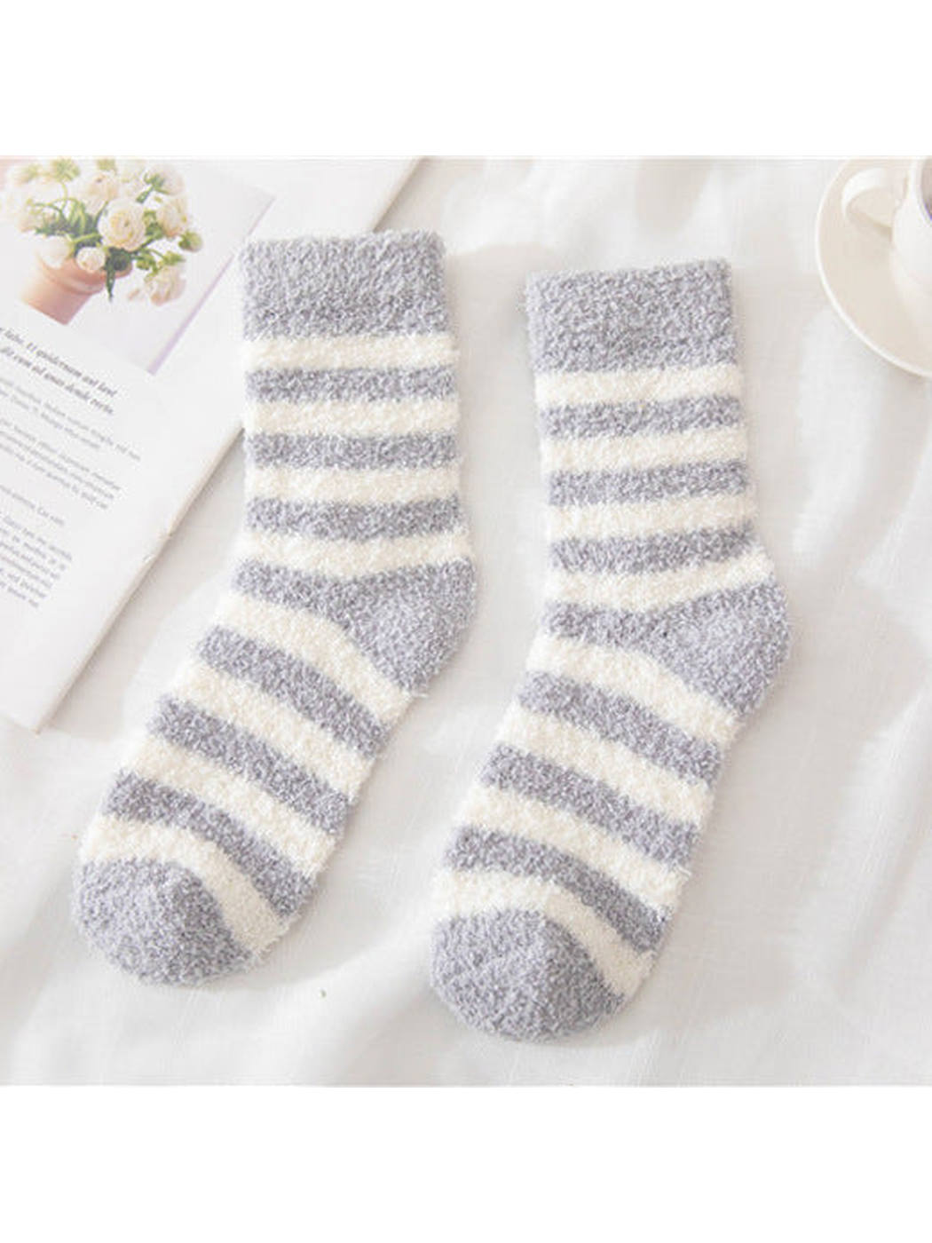 Light gray fuzzy socks with cream stripes