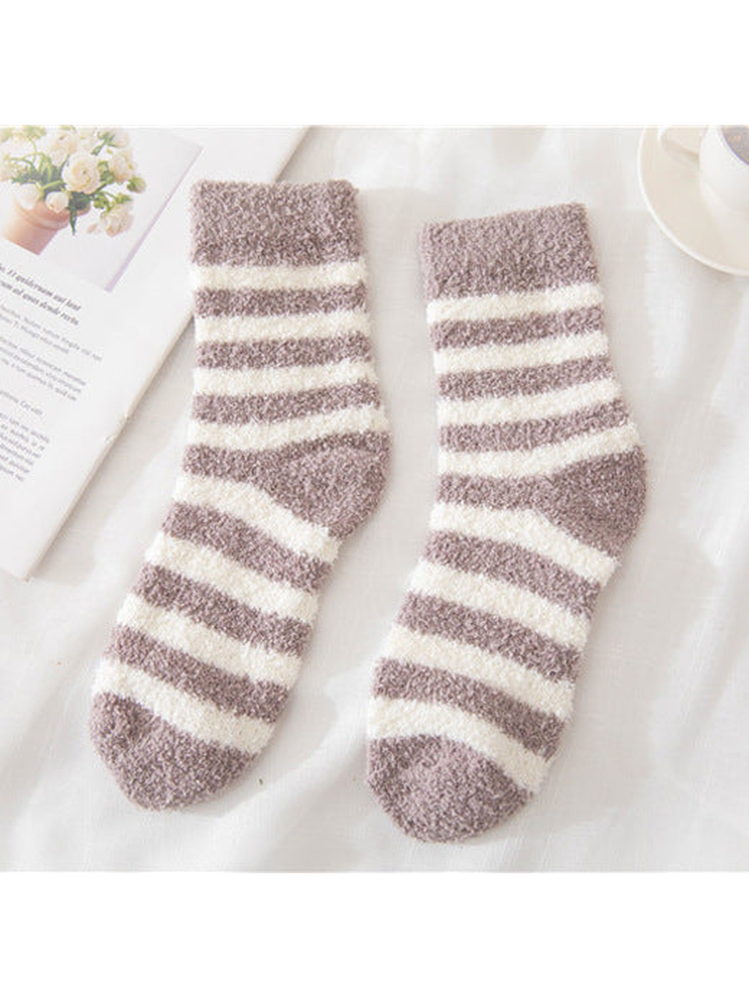 Light coffee fuzzy socks with cream stripes