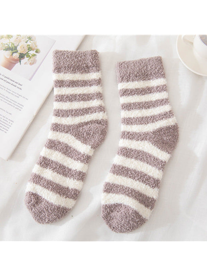 Light coffee fuzzy socks with cream stripes