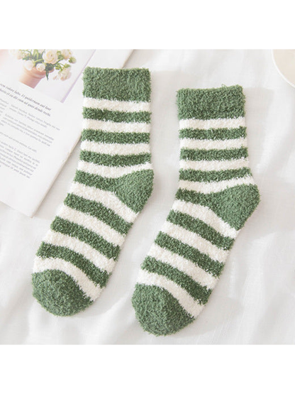 Army green fuzzy socks with cream stripes