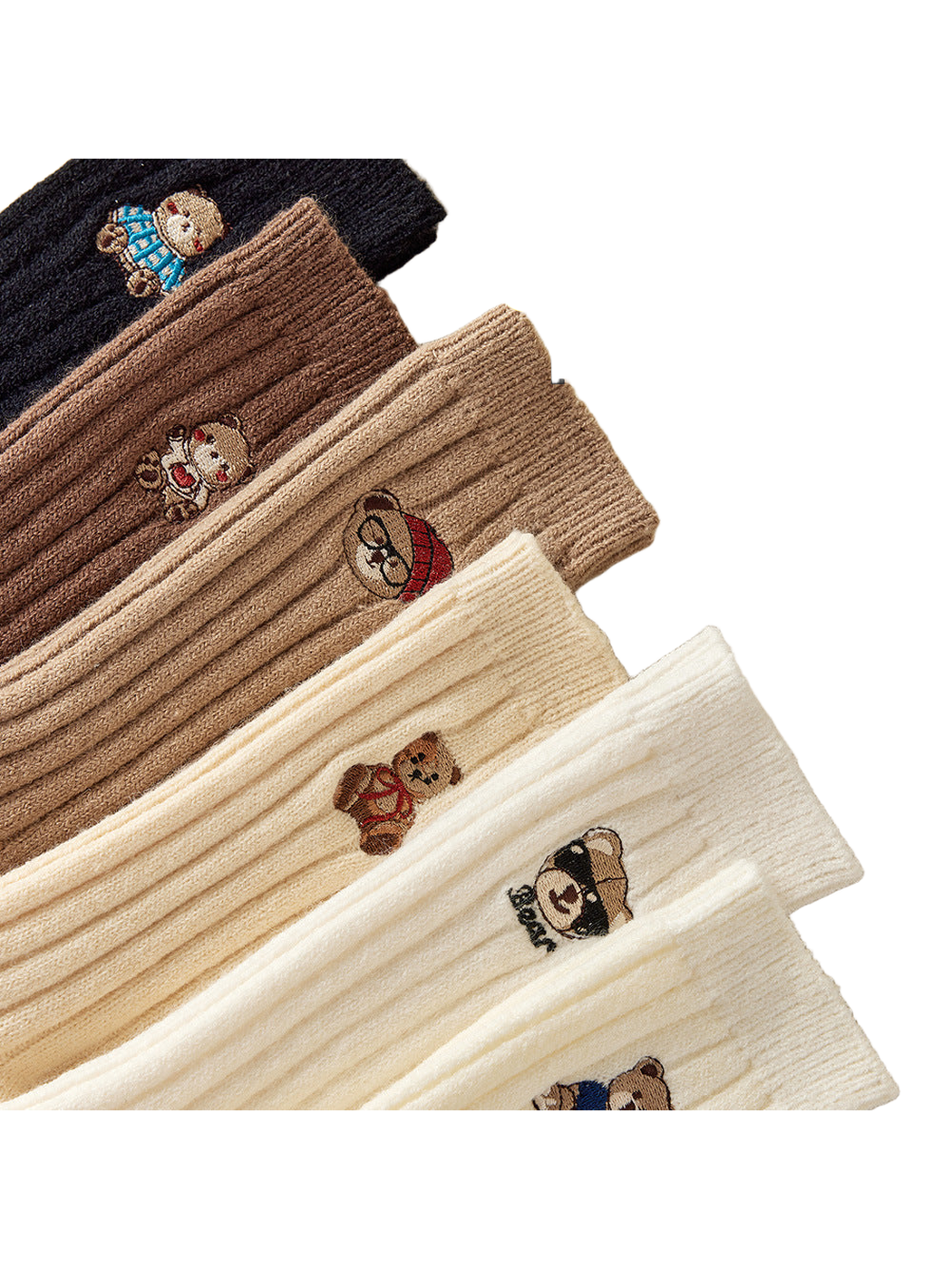 Ribbed bear-embroidered crew socks in neutral colors arranged together