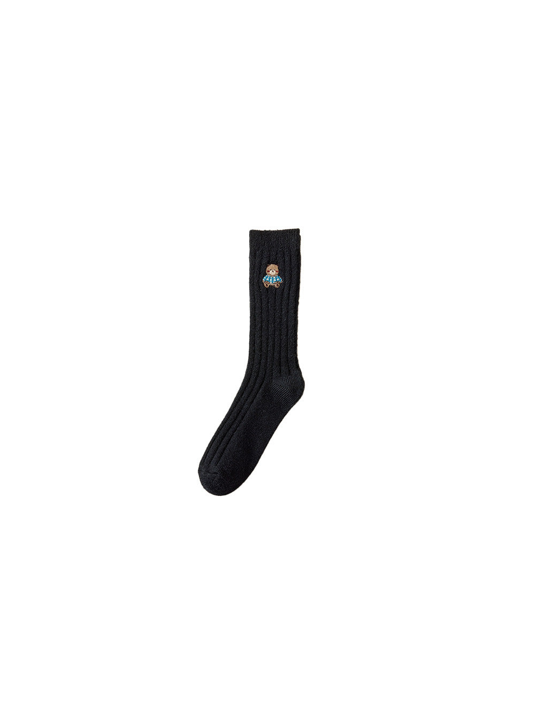 Black ribbed crew sock with an embroidered bear in a blue sweater