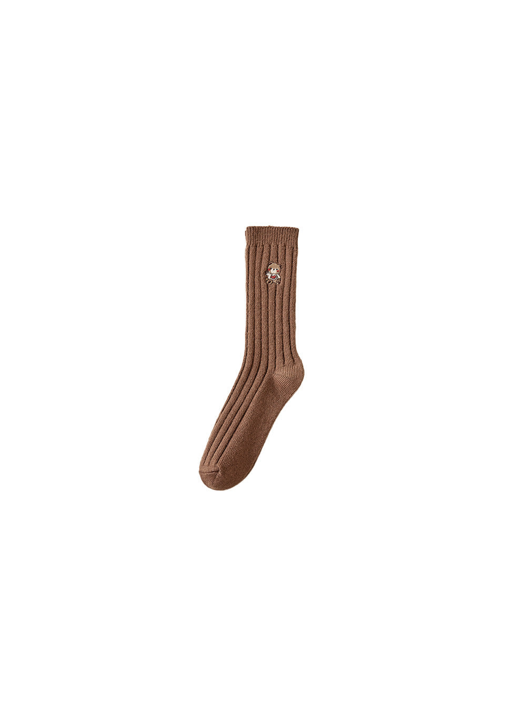 Coffee brown ribbed crew sock with an embroidered heart teddy bear