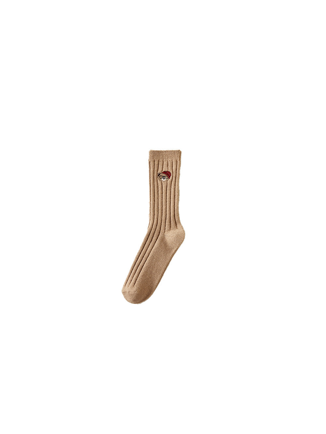 Khaki ribbed crew sock with an embroidered bear in a red hat