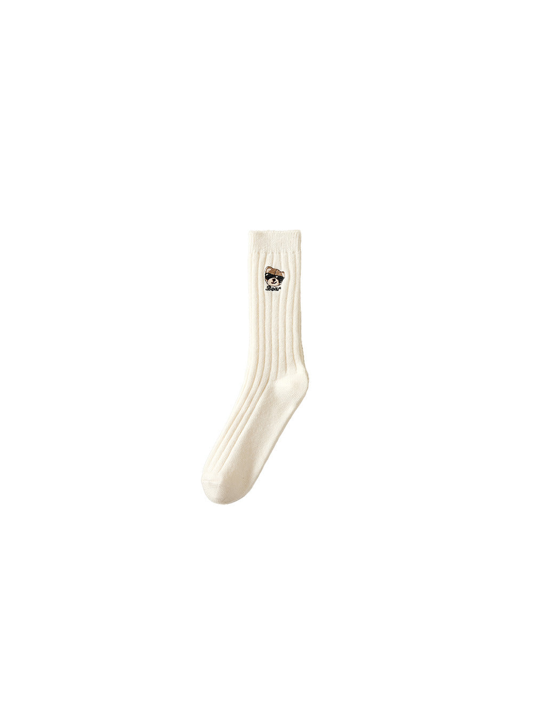 Ivory ribbed crew sock with an embroidered cap-wearing bear