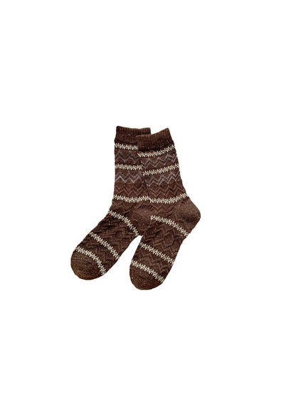 Dark brown geometric crew socks with ribbed cuffs