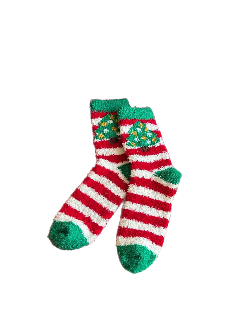 Fuzzy red-and-white striped crew socks with green toes and Christmas tree motifs