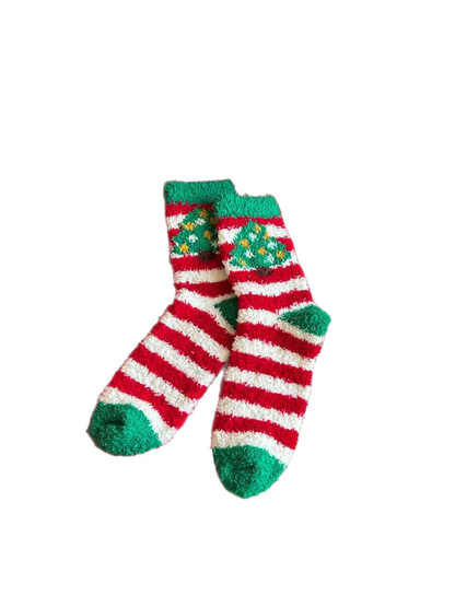 Fuzzy red-and-white striped crew socks with green toes and Christmas tree motifs