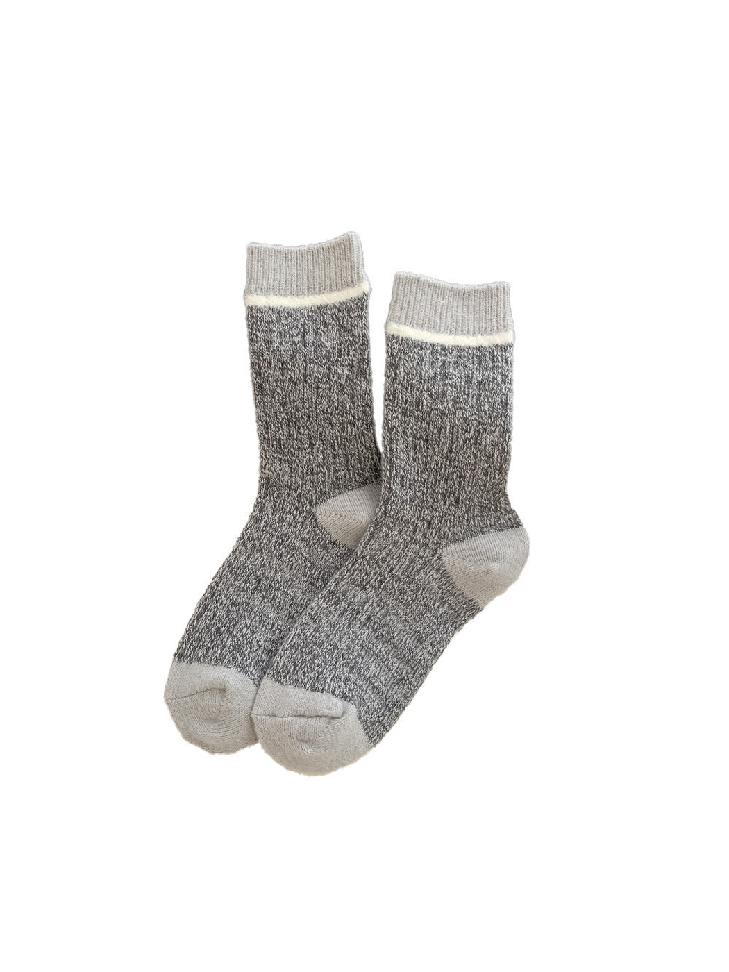 Dark marled crew socks with light gray cuff, heel and toe