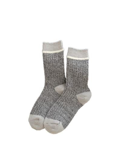 Dark marled crew socks with light gray cuff, heel and toe