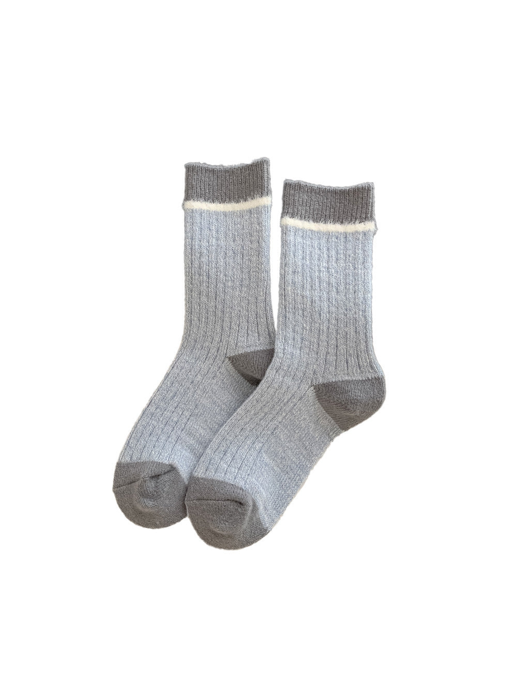 Light blue crew socks with dark gray cuff, heel and toe