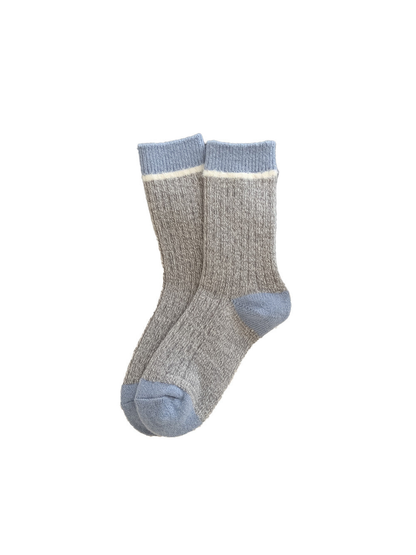 Marled gray crew socks with light blue cuff, heel and toe