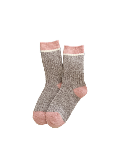Marled taupe crew socks with pink cuff, heel and toe