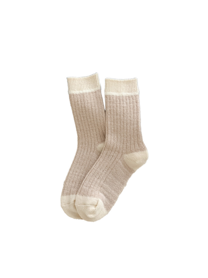 Beige crew socks with cream cuff, heel and toe