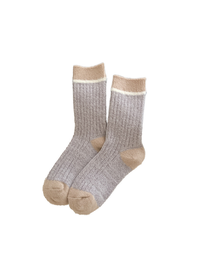 Light gray crew socks with khaki cuff, heel and toe