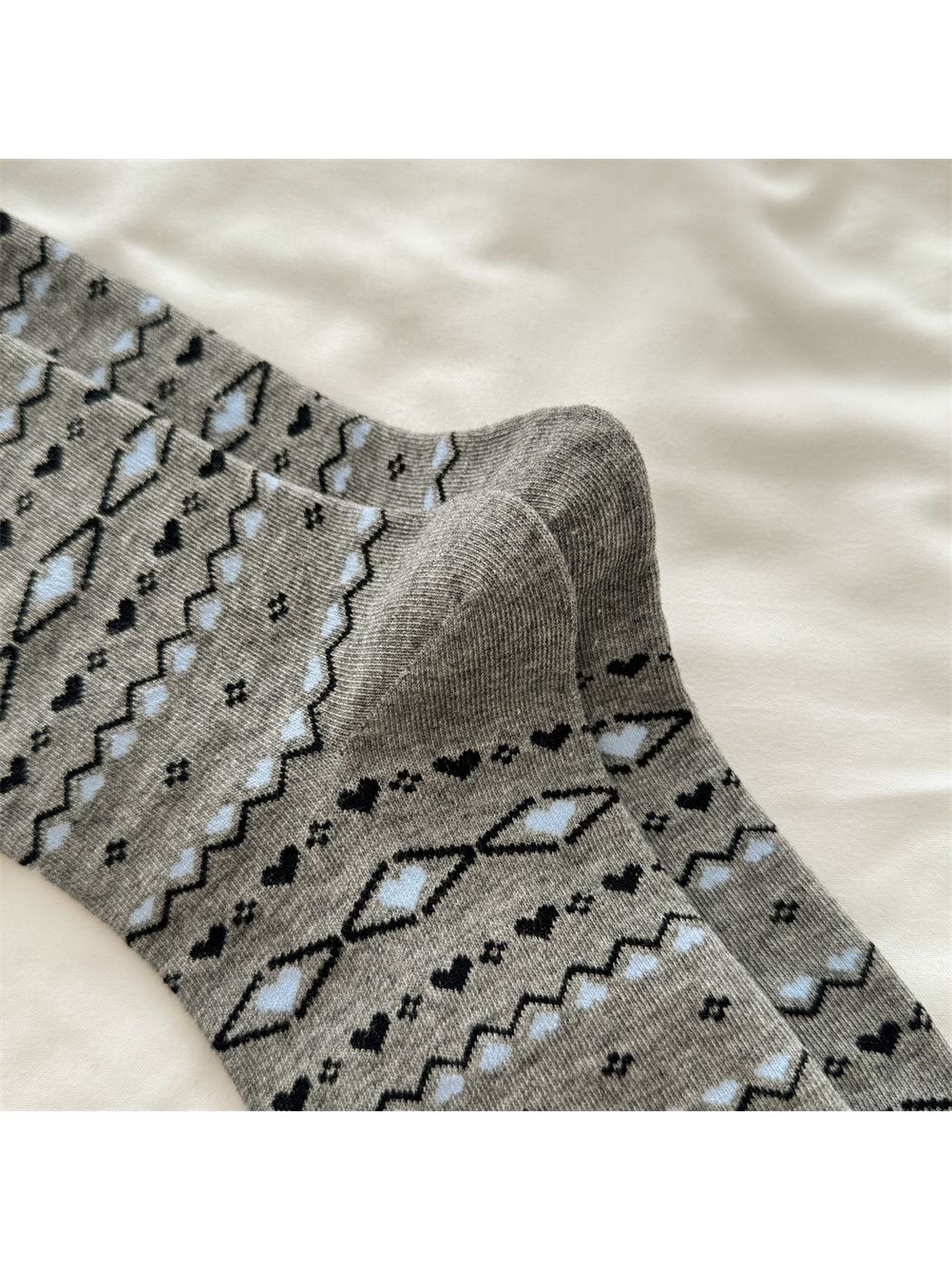 Close-up of the gray sock heel and patterned knit bands