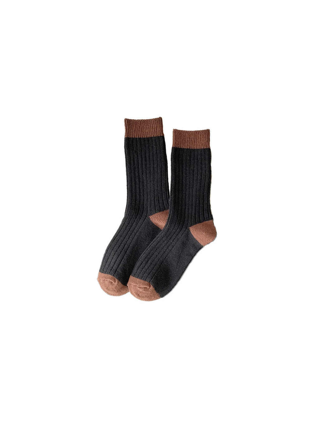 Black ribbed crew socks with brown cuff, heel and toe