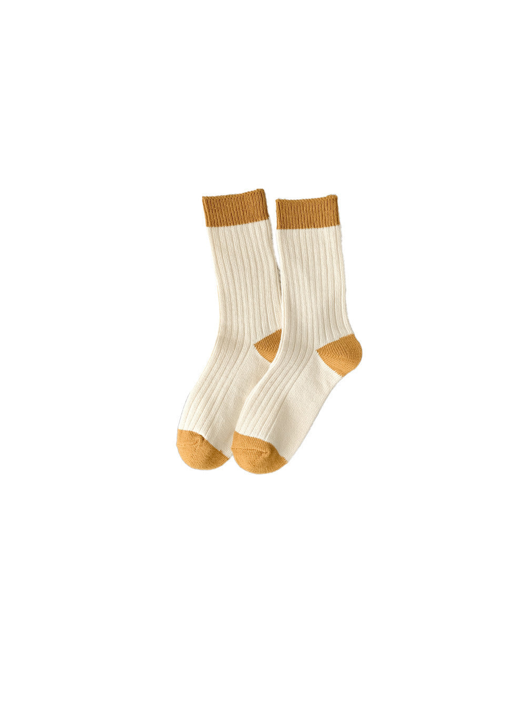 Ivory ribbed crew socks with mustard cuff, heel and toe