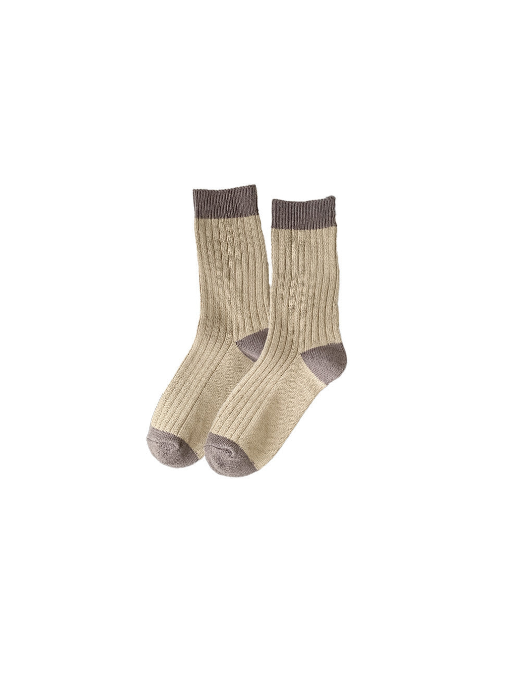 Khaki ribbed crew socks with taupe cuff, heel and toe