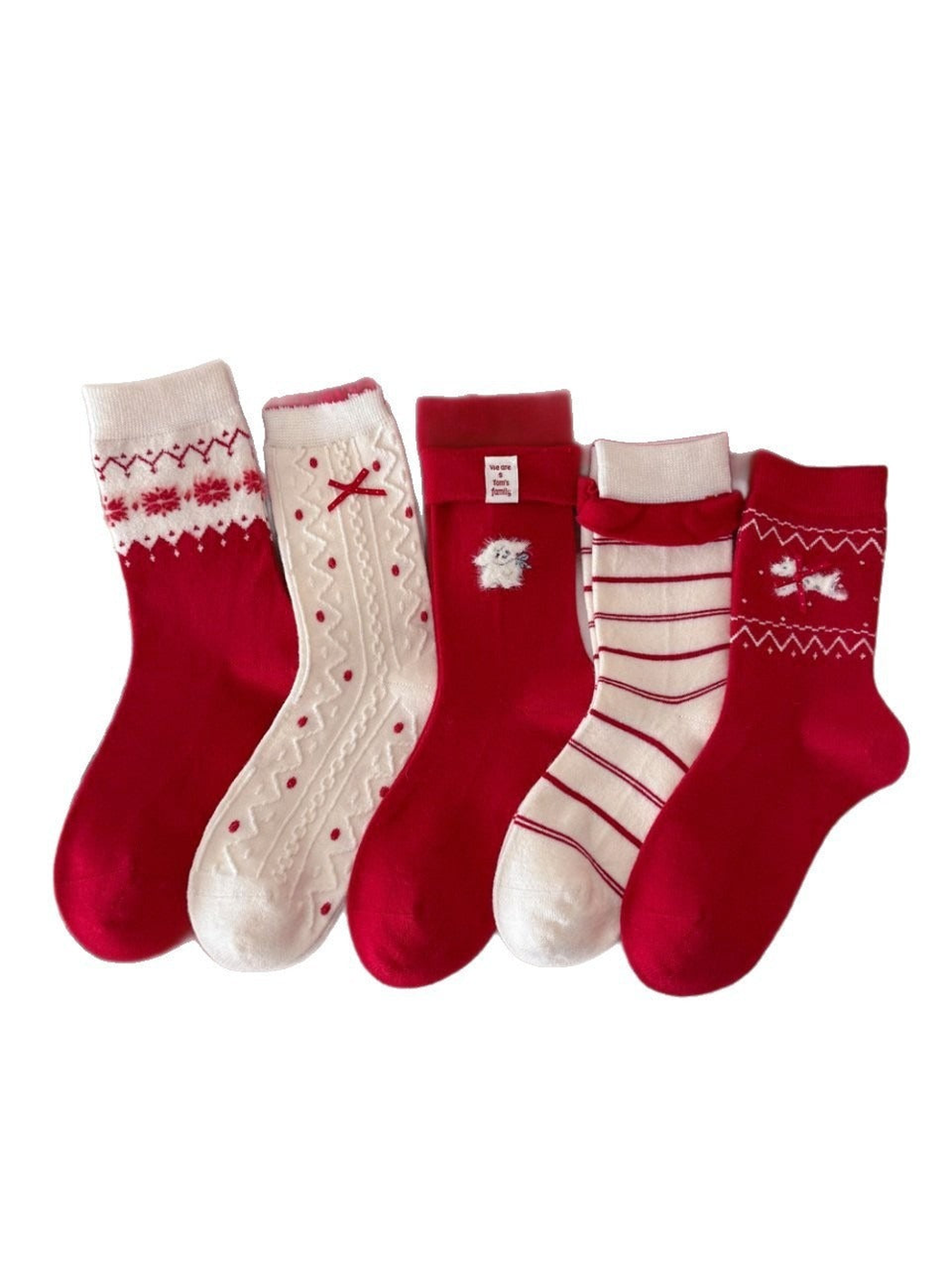 Five red and ivory patterned crew sock styles on a white background