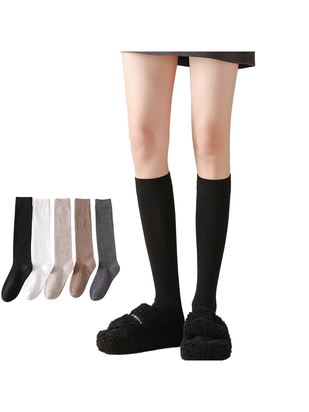 Black, white, beige, brown and dark gray knee-high socks displayed together