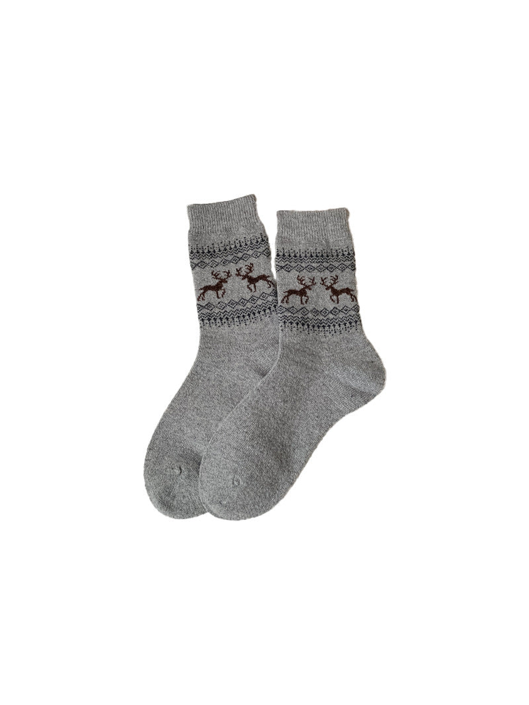 Light gray crew socks with brown deer and geometric bands
