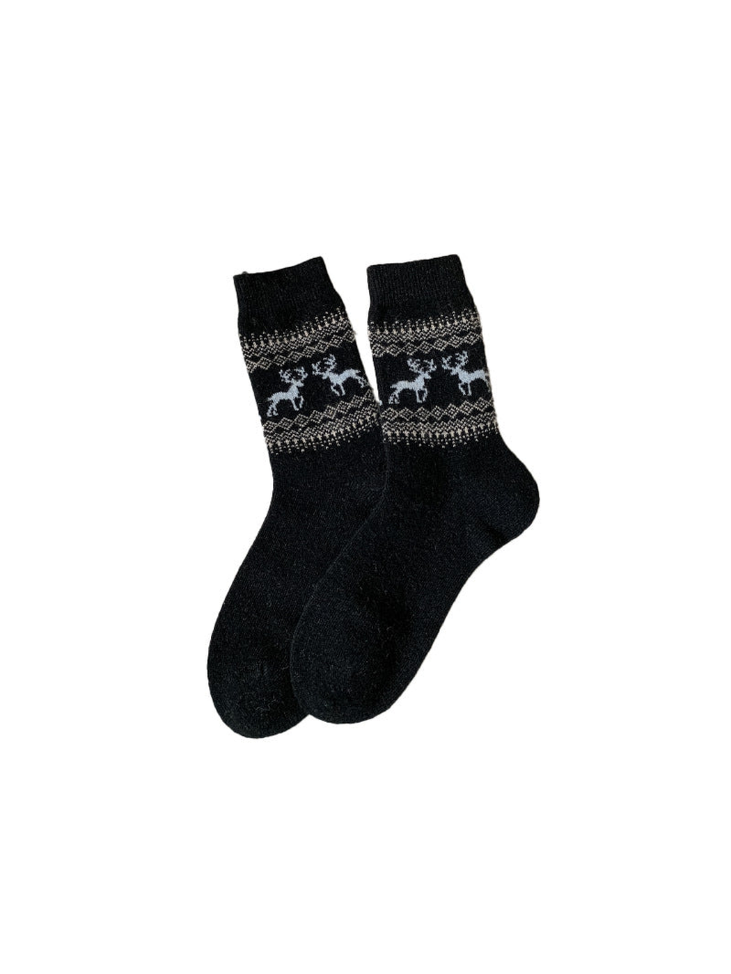 Black crew socks with gray deer and geometric bands