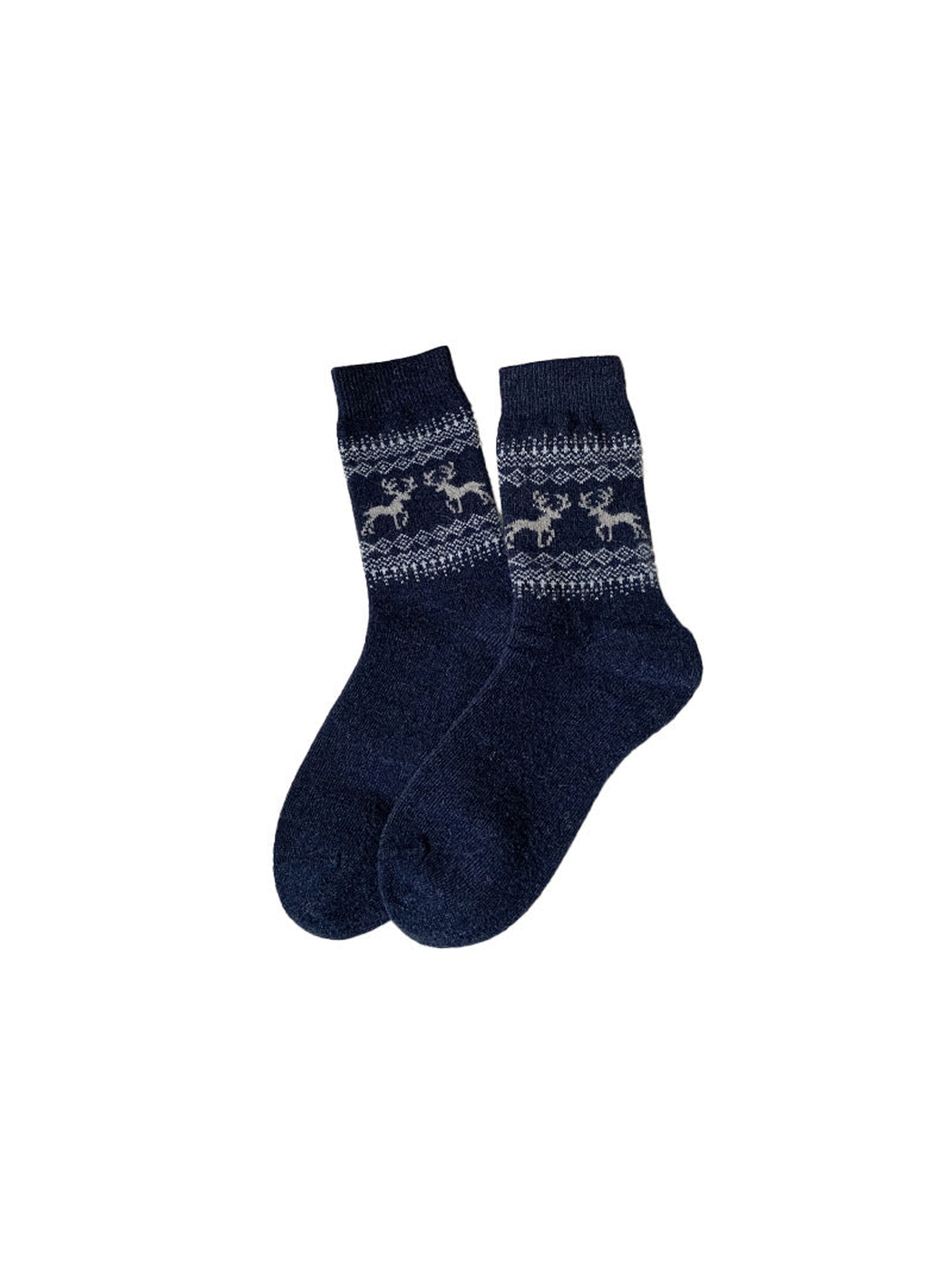 Navy crew socks with gray deer and geometric bands