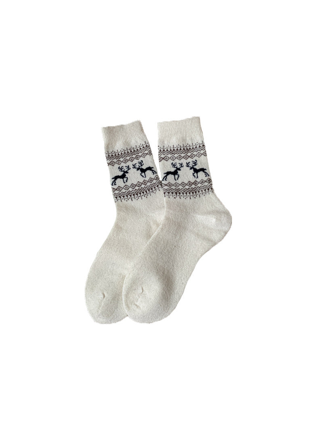 Ivory crew socks with navy deer and geometric bands