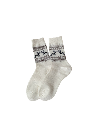 Ivory crew socks with navy deer and geometric bands