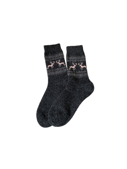 Dark gray crew socks with pink deer and geometric bands