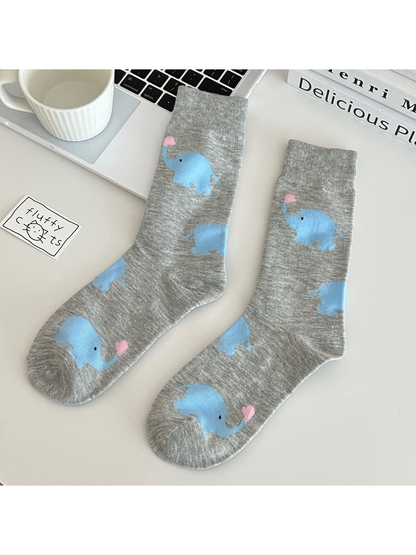 Heather gray crew socks with blue elephant motifs and pink heart accents