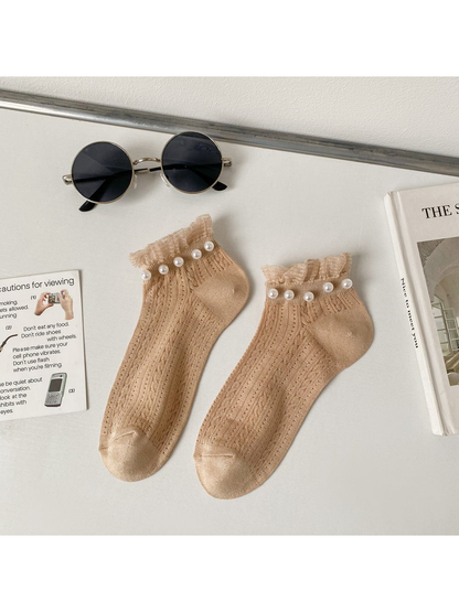Camel ankle socks with ruffled cuffs and pearl-like bead trim