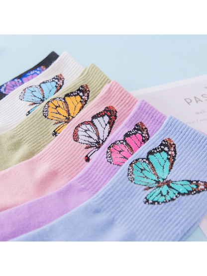 Close-up of butterfly motifs and vertical ribbing across six sock colors
