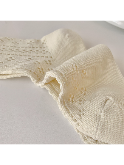 Close-up of the smooth-knit toe and heel beside the pointelle upper