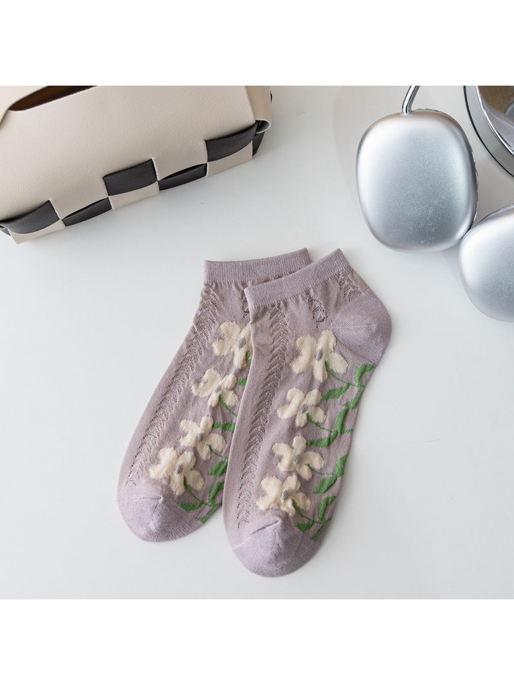 Light purple ankle socks with cream flowers and openwork knit panels
