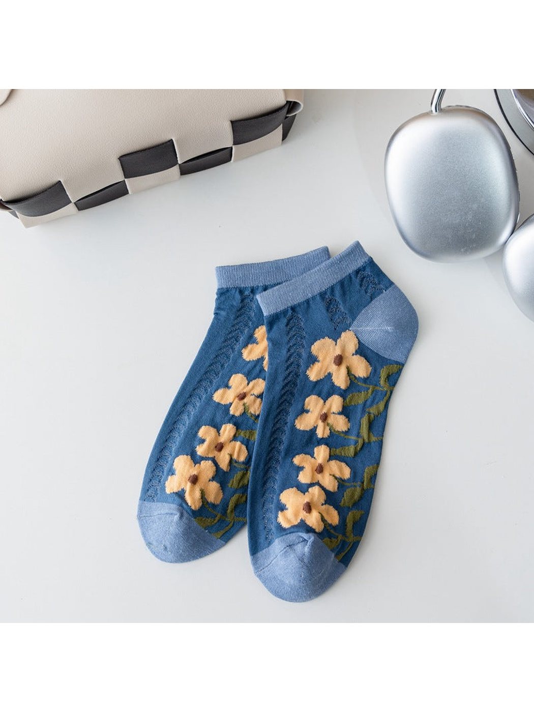 Blue ankle socks with golden flowers and openwork knit panels