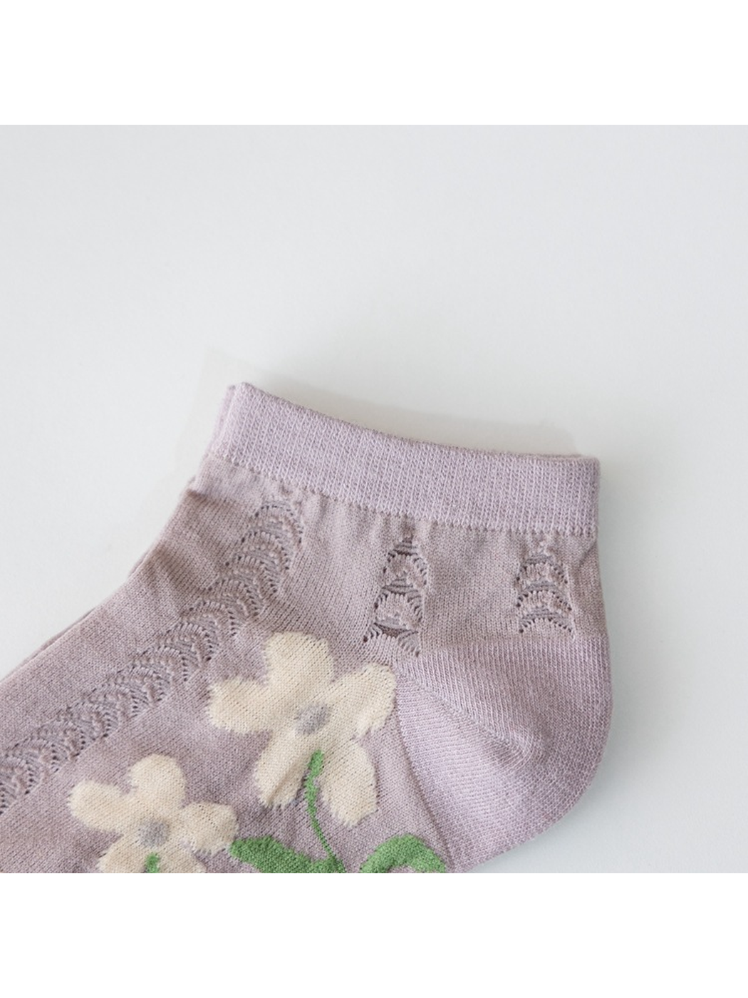Close-up of the light purple sock cuff, heel and openwork knit structure
