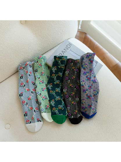 Five floral crew sock colors displayed together