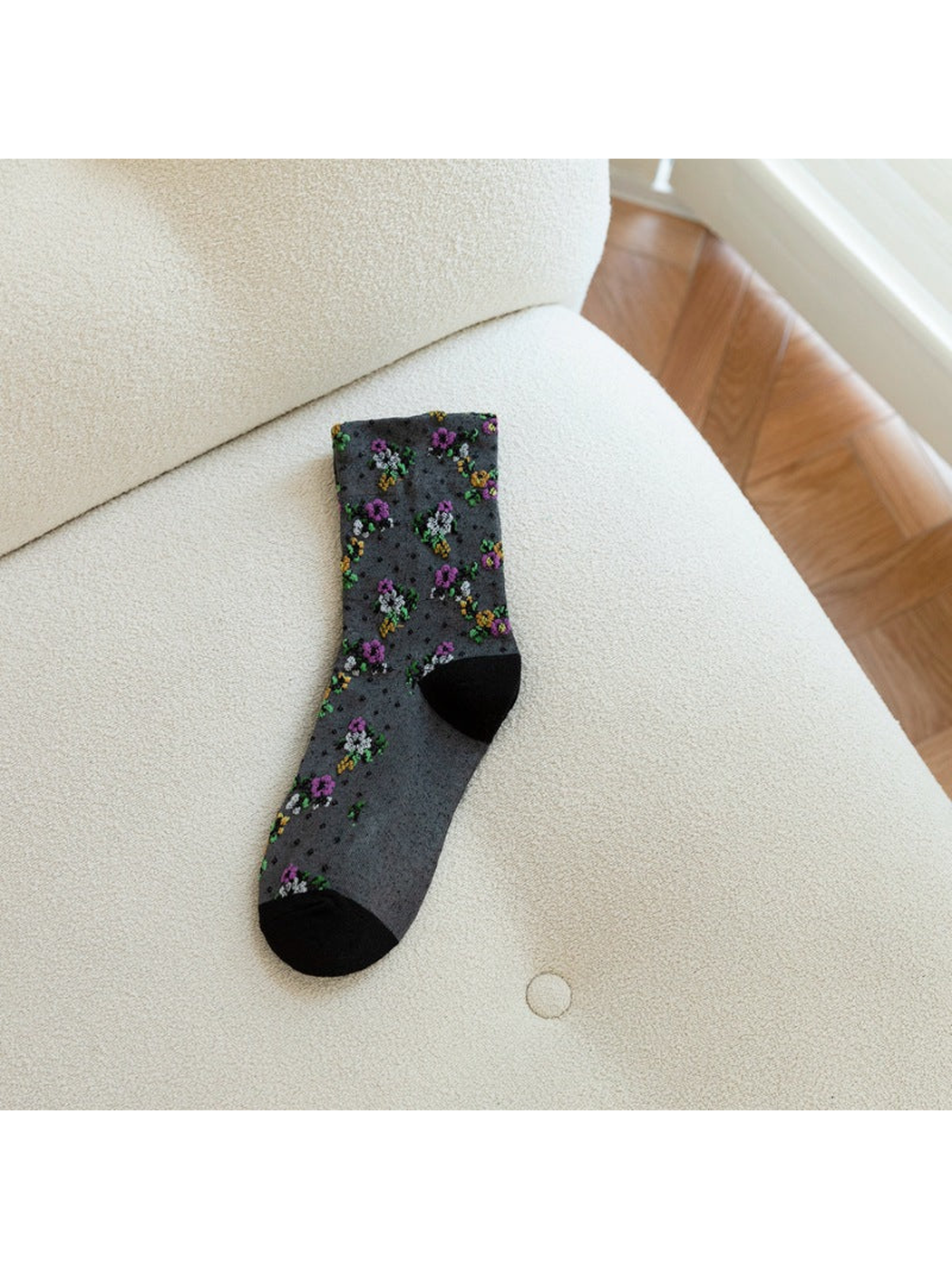 Dark gray floral crew sock with black toe and heel