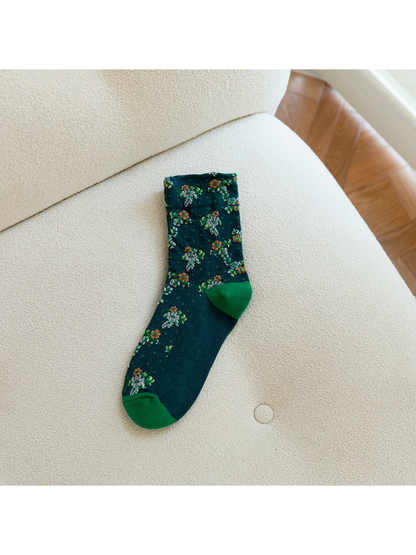 Dark green floral crew sock with green toe and heel