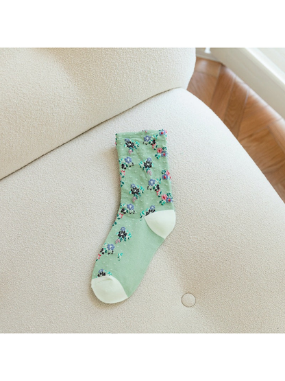 Mint green floral crew sock with pale contrasting toe and heel