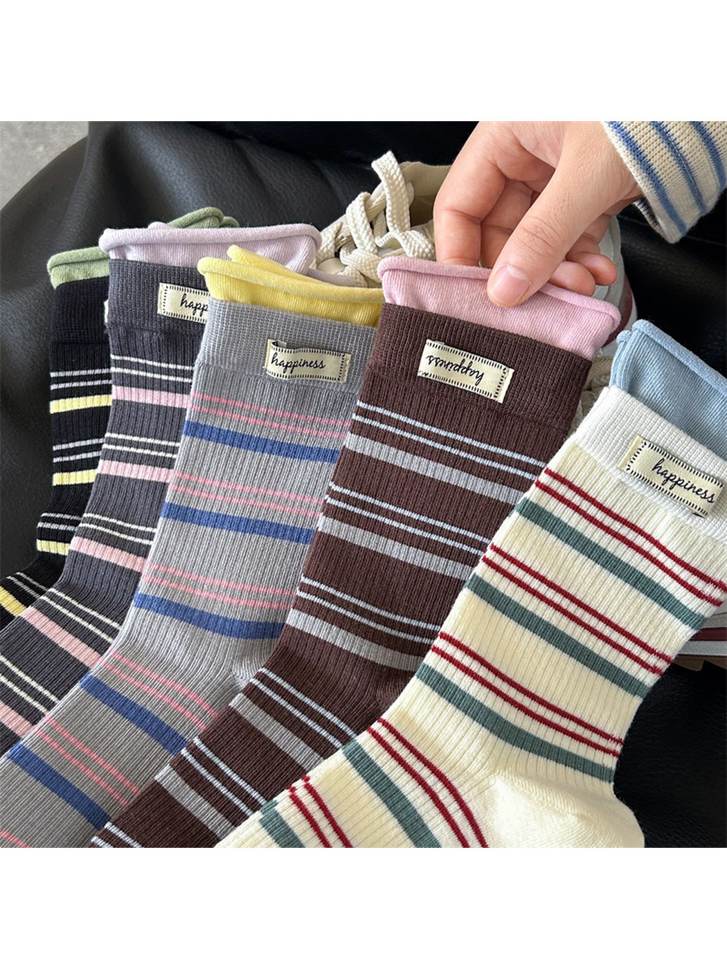 Close view of five striped crew sock styles